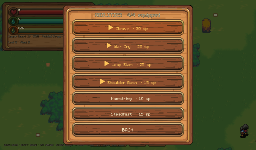 The pause menu's abilities screen with six skills and four equipped