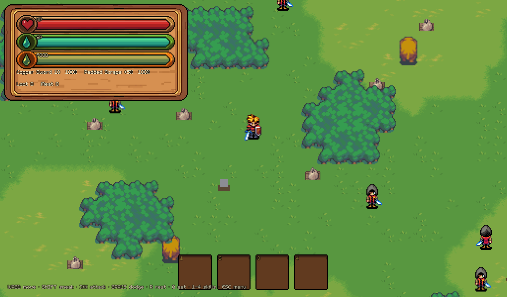 The arena overview with roaming bandits and a grazing boar