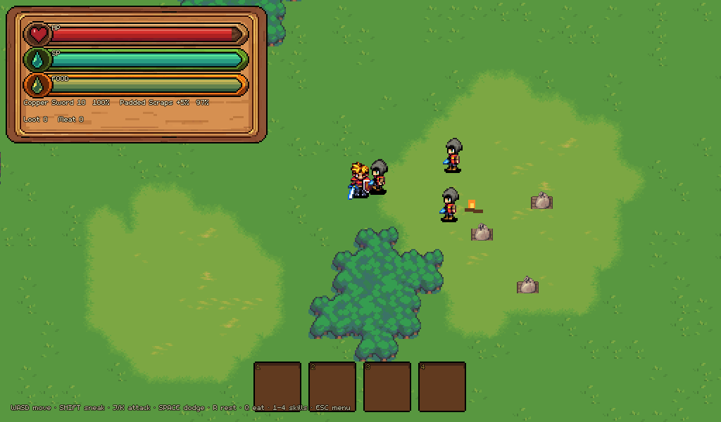 The bandit camp converging on the hero, campfire and loot behind them