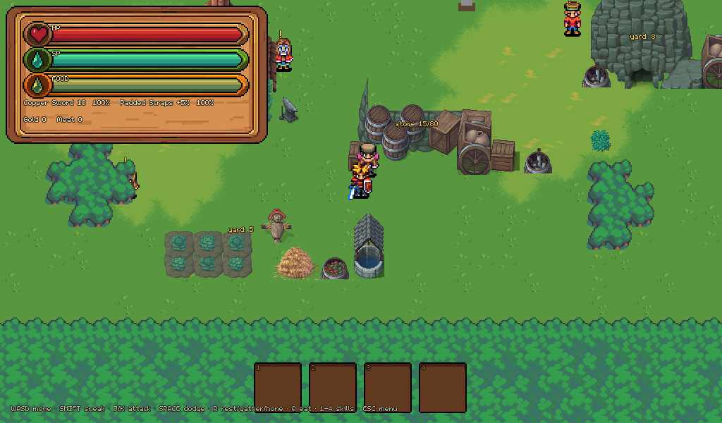 The Valley Farm: cabbage rows, a scarecrow, a coop and a well